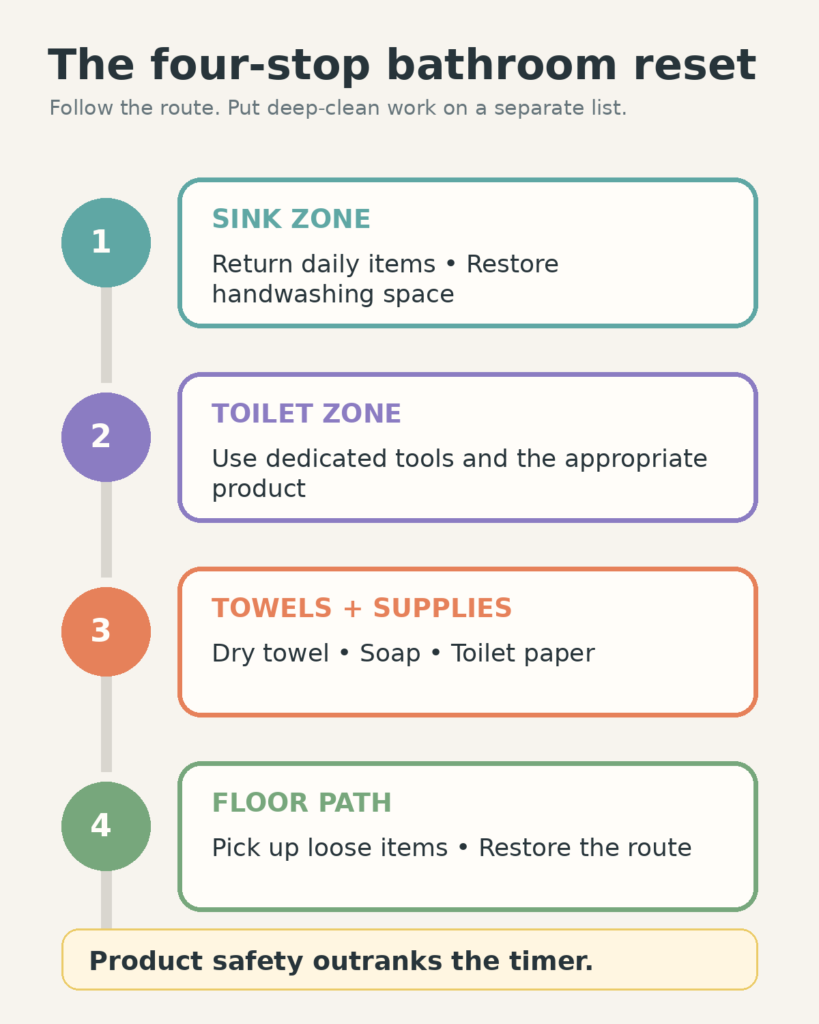 Four numbered stops move through the sink zone, toilet zone, towels and supplies, and floor path, with product safety above the timer.