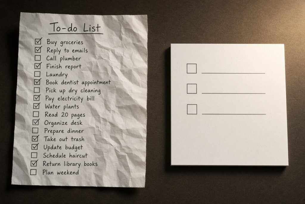 Side-by-side comparison of a long crumpled to-do list and a clean three-checkbox card