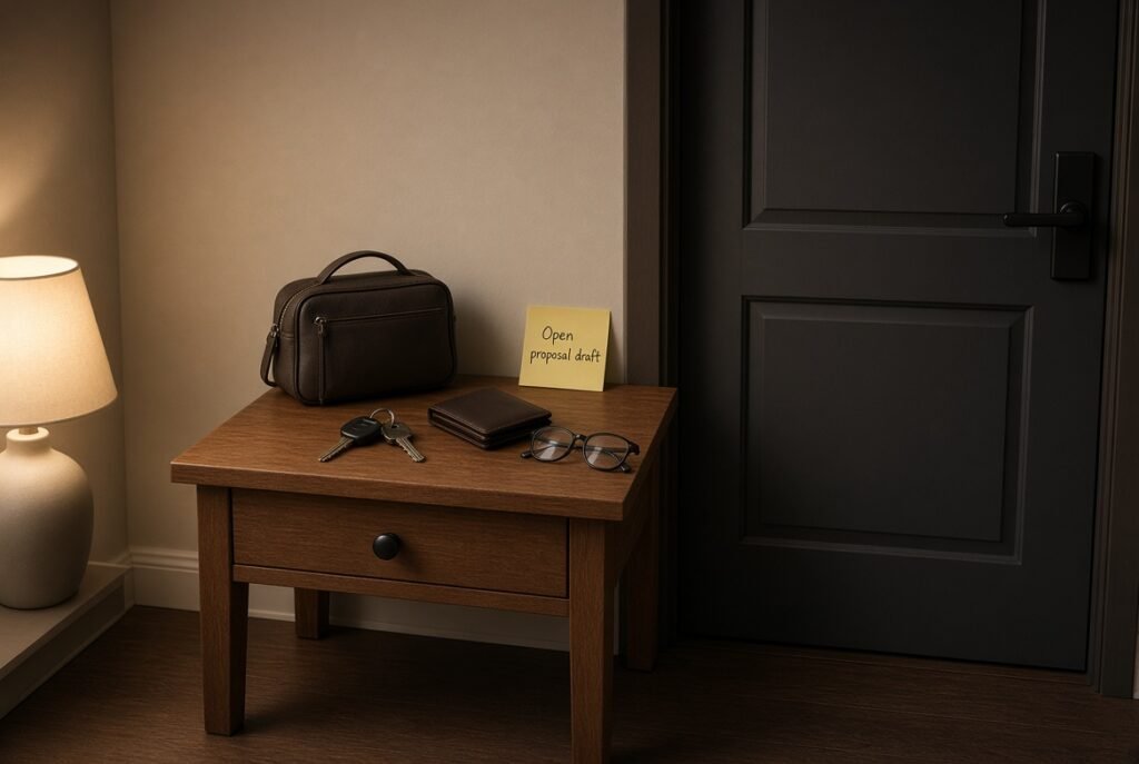 Wooden side table near a door holding keys, wallet, bag, glasses and a sticky note that reads Open proposal draft