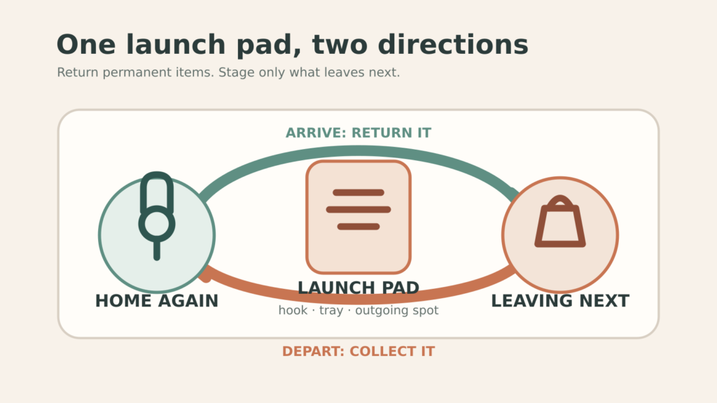 Loop showing permanent items returning home and temporary outgoing items being collected from one launch pad.
