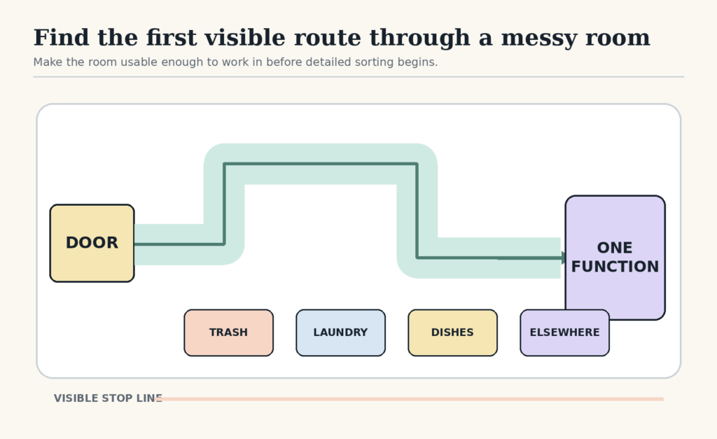 A path leads from the door to one restored function while trash, laundry, dishes, and elsewhere items use four exits.