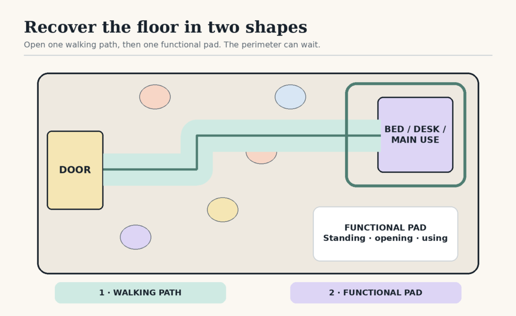 Room map highlights a clear route from the doorway and a protected floor area around the bed or desk while the perimeter waits.