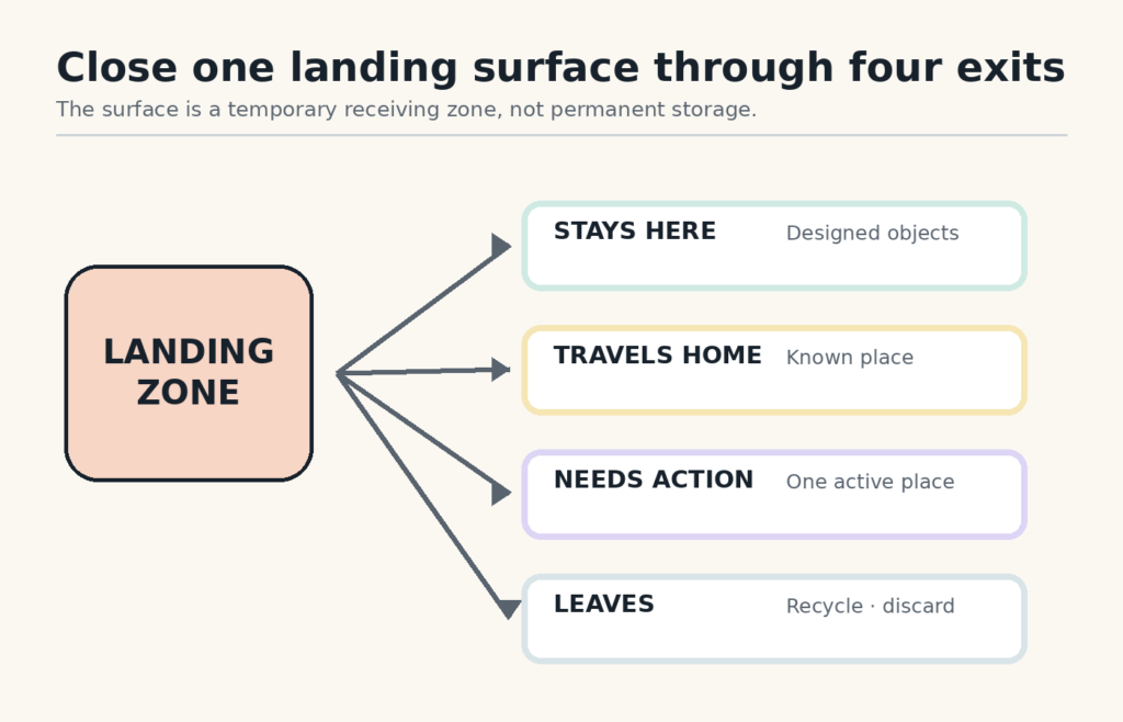 A landing zone routes objects to stays here, travels home, needs action, or leaves.
