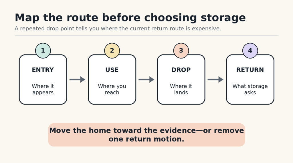 Four-step route maps where an item enters, is used, is dropped, and what the current return asks.