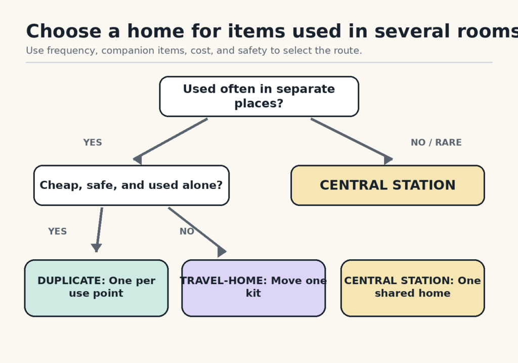 Decision route uses separate use points, cost, safety, and companion items to select one of three storage models.