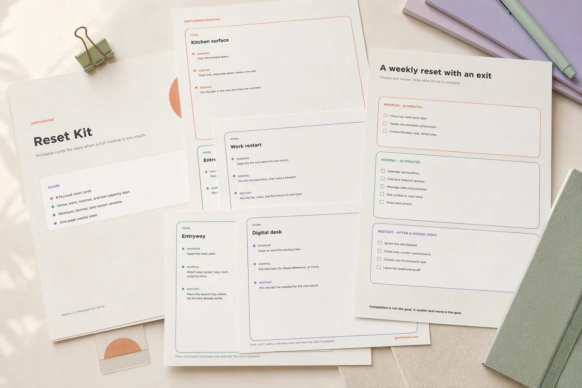 Editorial flat lay of printed GentleDone Reset Kit cards on warm paper with sage, lavender, and peach details.