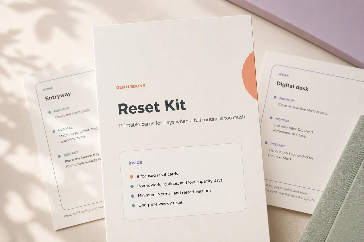 GentleDone Reset Kit hero cover with printable cards arranged on warm paper in sage, lavender, and peach.