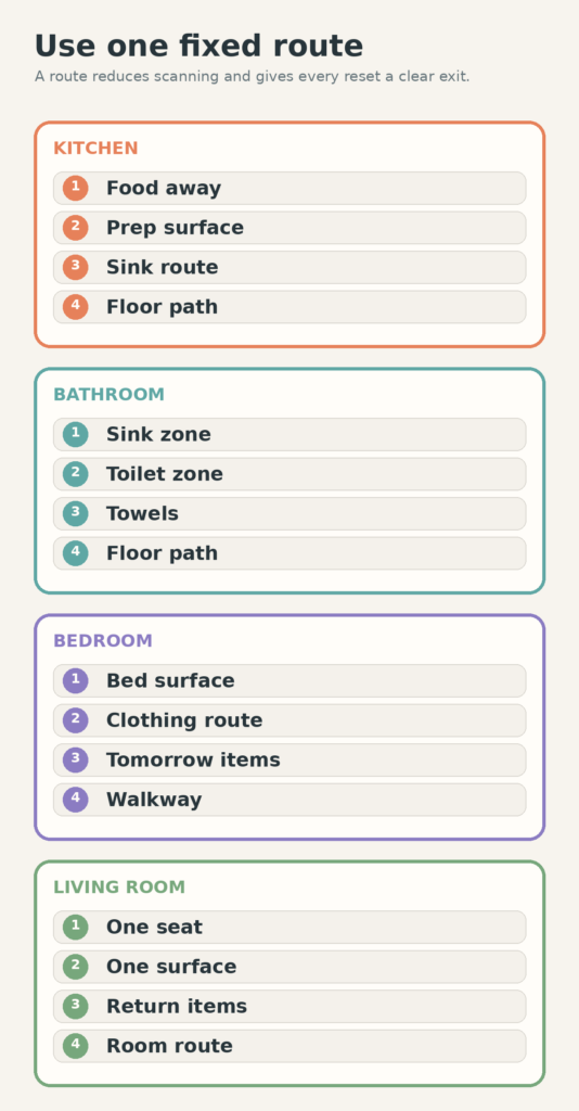 Four-step reset routes for a kitchen, bathroom, bedroom, and living room, each ending with a clear functional path.