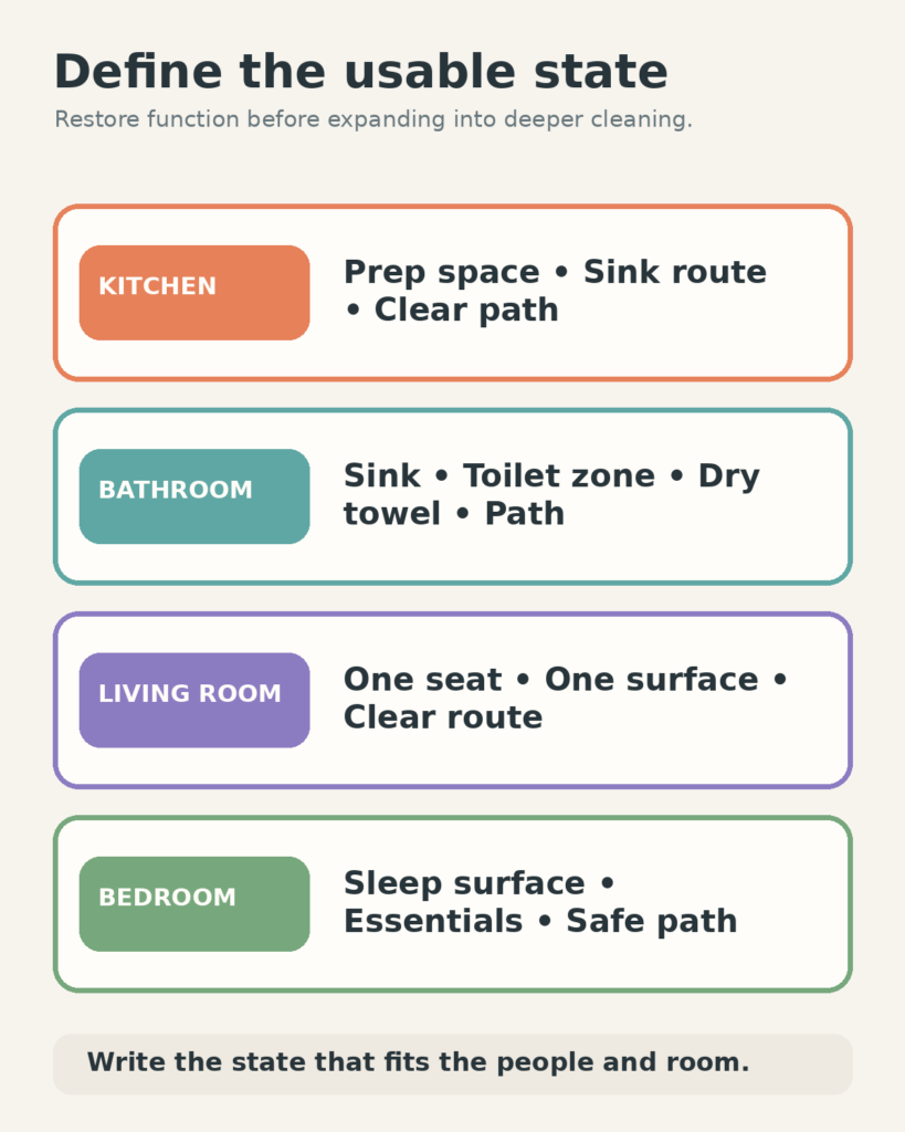 Examples define a usable kitchen, bathroom, living room, and bedroom by the functions and paths each room needs.