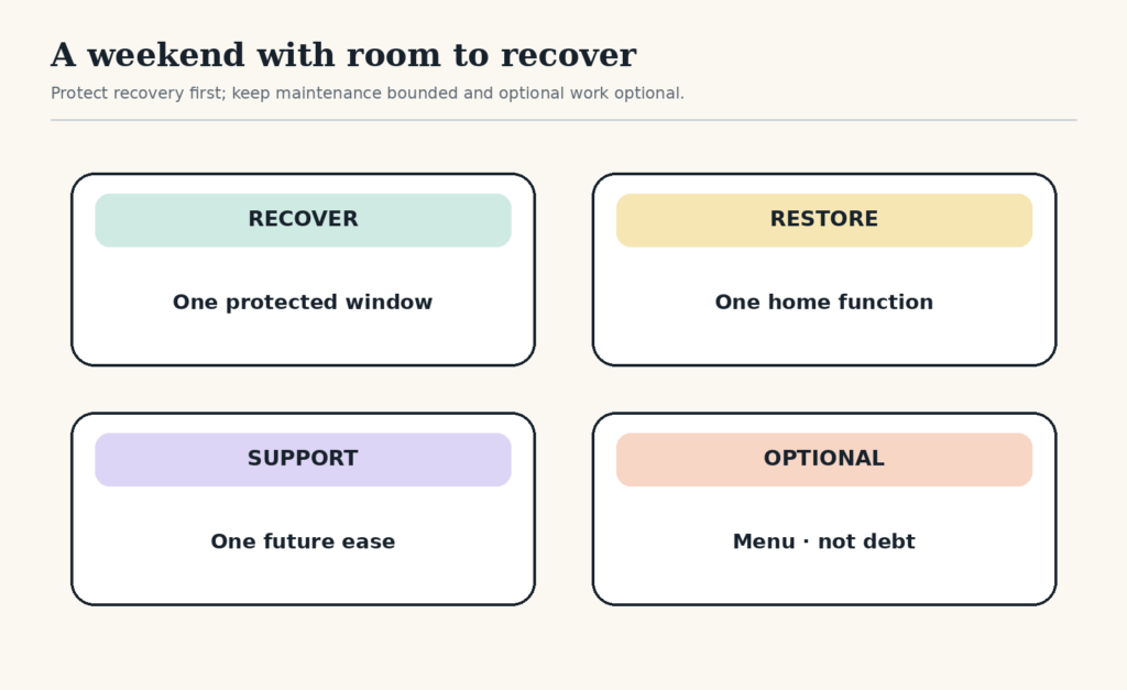Four boxes show Recover as one protected window, Restore as one home function, Support as one future ease, and Optional as a menu rather than debt.