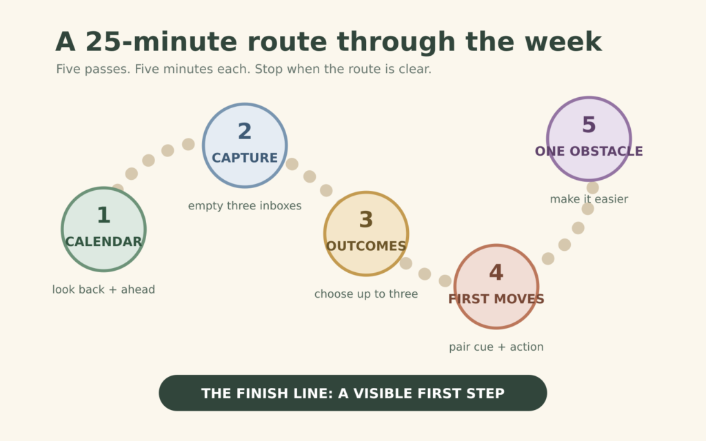 Five-step weekly reset route through calendar, capture, outcomes, first moves, and one obstacle, ending with a visible first step.